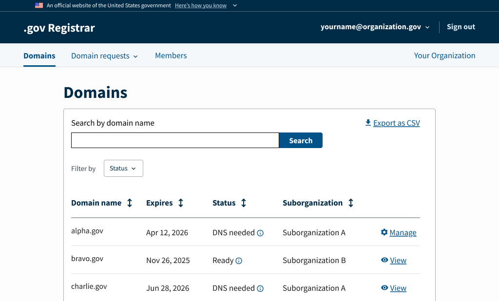Screenshot of a domain dashboard in enterprise mode A simulated domain dashboard in enterprise mode with fake domains alpha.gov, bravo.gov, and charlie.gov shown.